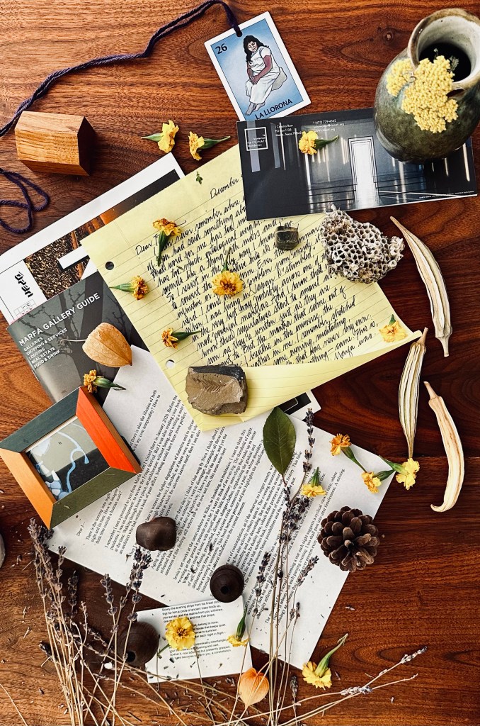 Photograph: Handwritten and typed letters to unknown people, scattered among gallery guides and brochures from Marfa, Texas, along with fossils, miniature sculptures, a wasp's nest, pine cones, and dried flowers.